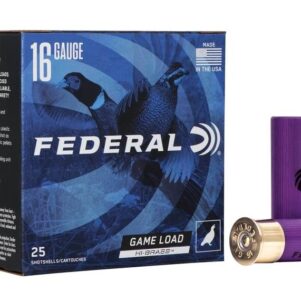 Carton of 16 gauge Federal shogun shells with two purple colored shotshells and white background.