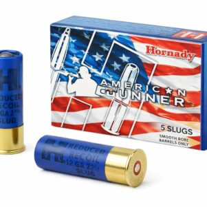 Hornady American Gunner Reduced Recoil 12 Gauge rifled slug ammunition, 2¾ inch 1 oz slug at 1300 FPS, box and shells displayed