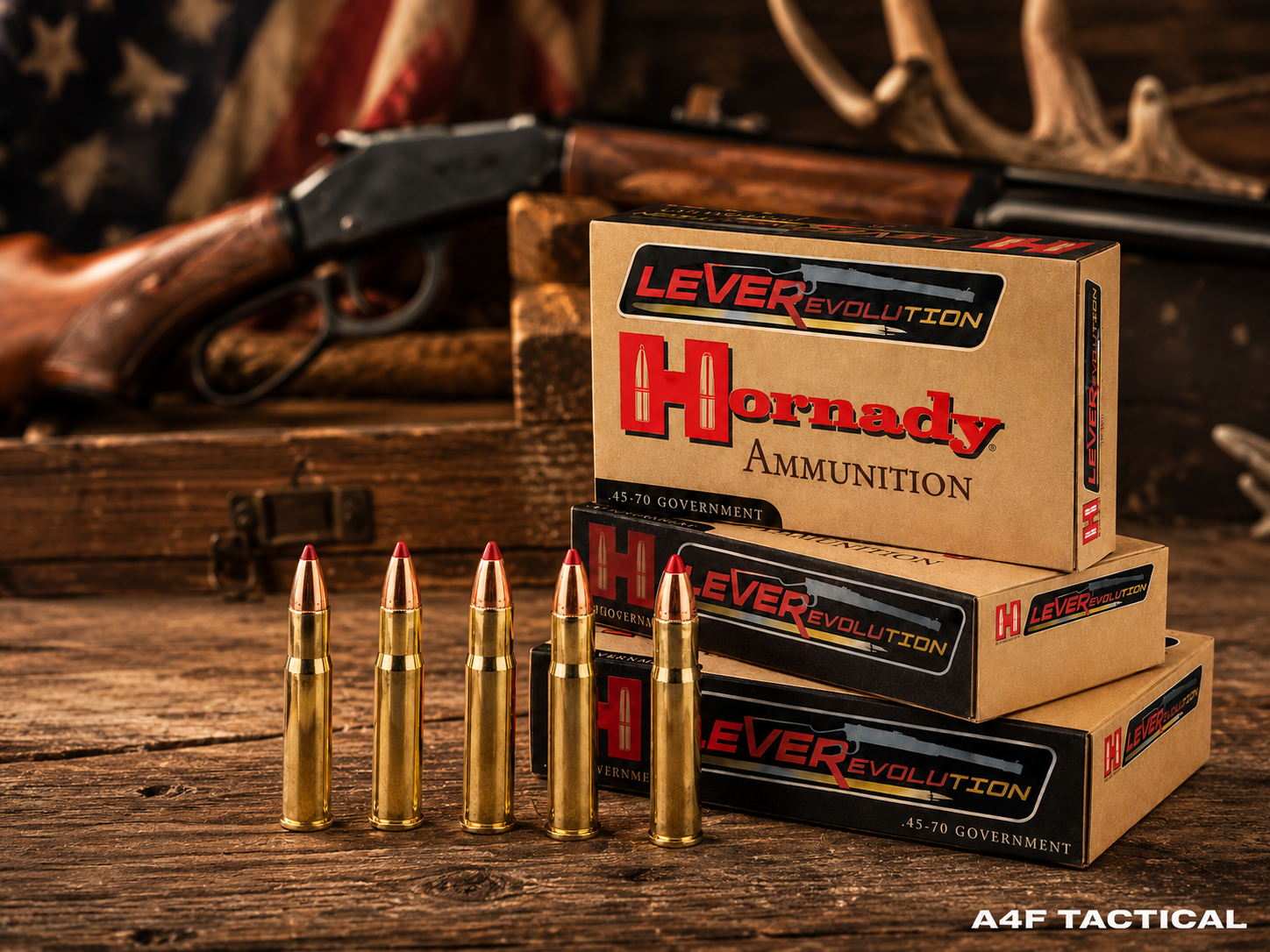 Hornady LeveRevolution .45-70 Government 250 gr MonoFlex (Lead-Free) 2025 FPS – 20 Rounds 2 Hornady LeveRevolution .45 70 Government Gallery pic at A4F TACTICAL.jpg Hornady LEVERevolution .45-70 Government ammunition with rifle background and A4F TACTICAL watermark
