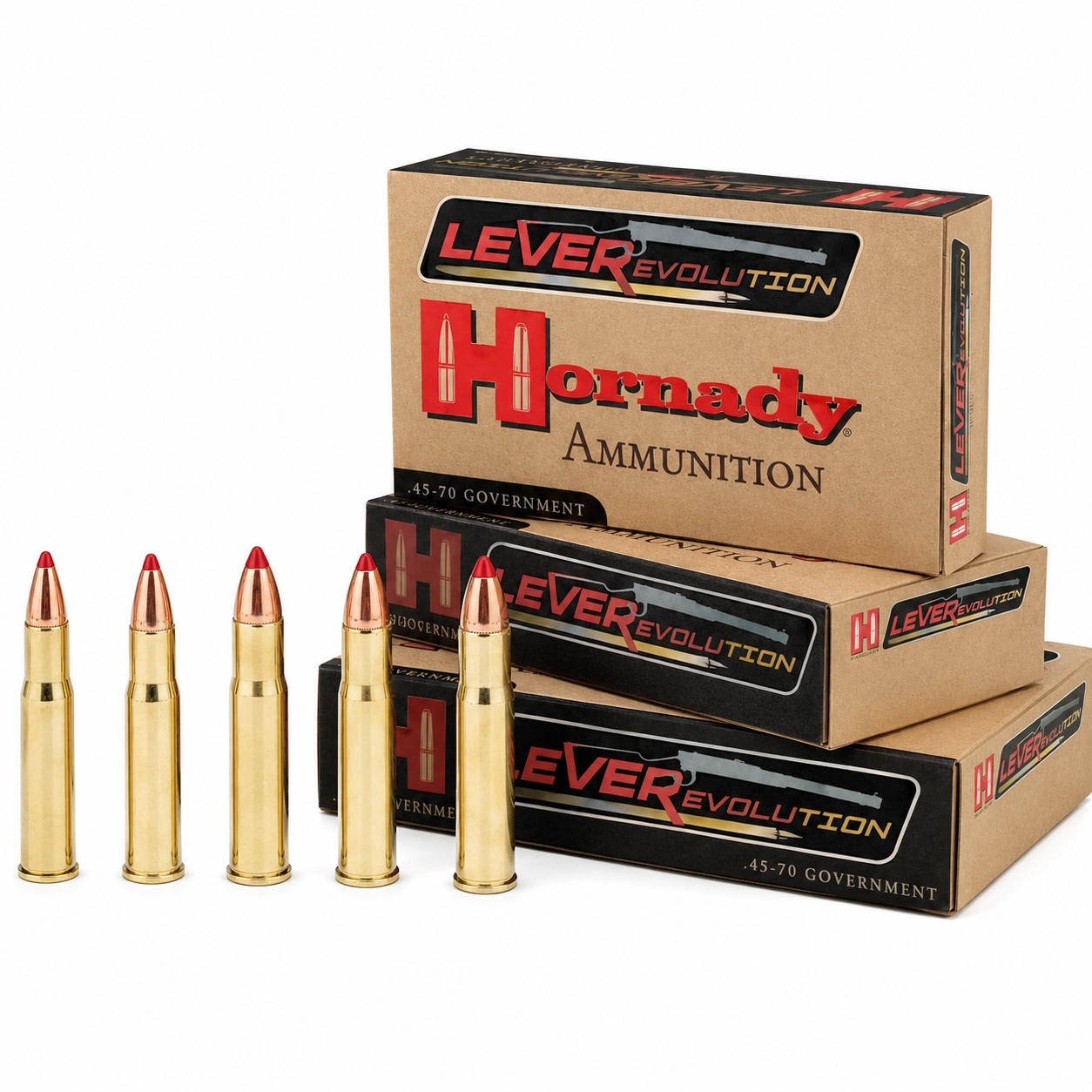Hornady LeveRevolution .45-70 Government 250 gr MonoFlex (Lead-Free) 2025 FPS – 20 Rounds 1 Hornady LeveRevolution .45 70 Government at A4F TACTICAL Hornady LEVERevolution .45-70 Government ammunition with stacked boxes and five cartridges on white background