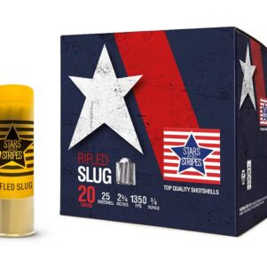Stars & Stripes 20 gauge rifled slug 2-3/4 inch 3/4 oz 1350 fps 25 round box with shotshell