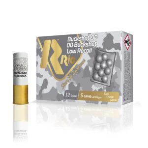 Rio Royal Buck Low Recoil 12 Gauge 00 buckshot 2¾ inch 9 pellet shotshells with box and shell displayed