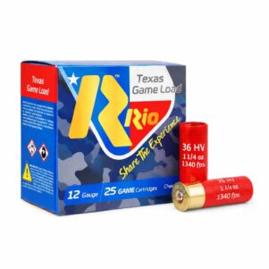 Rio Texas Game Load 36HV 12 Gauge 2¾ inch 1-1/4 oz shotgun shells with red hulls and brass base, 1340 FPS