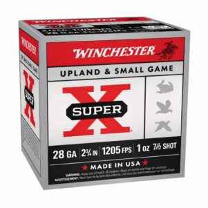 Winchester Super-X Game Load 28 gauge shotgun shells box showing #7.5 shot, 2¾ inch shells, 1205 FPS, made in USA