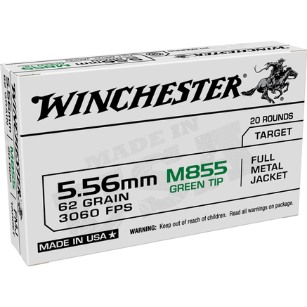 Winchester USA Lake City M855 Green Tip Rifle Ammunition 5.56mm 62 gr. FMJ 3060 fps 20/ct a4ftactical