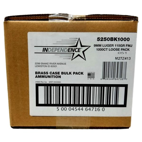 CC5250BK1000 CCI independence brass handgun ammunition 9mm luger 115 gr fmj 1145 fps 1000 ct Loose pack