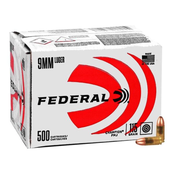 federal champion training handgun ammuntion 9mm luger 115 gr fmj 1125fps 500 count bulk fac9115a500 1