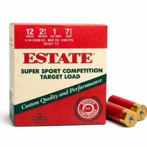 Carton of 12-gauge ammo with all white background Estate super sport competition target load for clay or trap shooting.