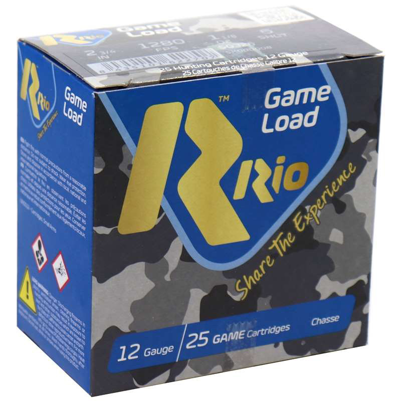 Carton of 12 gauge Rio shotgun shotshells all white background.