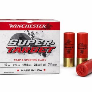 carton of Winchester Super Target 12 gauge ammo with 3 shotshells all white background