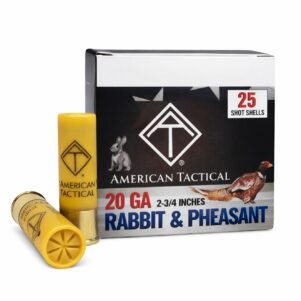 American Tactical 20 gauge Rabbit & Pheasant shotshells 2-3/4 inch 25 round box with yellow shells on white background