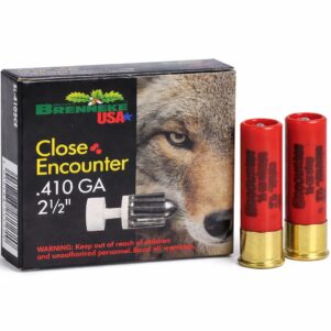 Brenneke Close Encounter .410 Bore 2½ inch rifled slug ammunition with two red shotgun shells beside the box