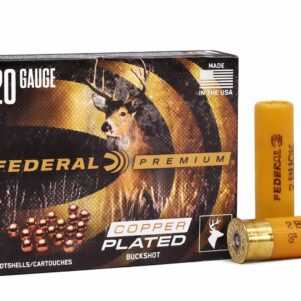 Federal Premium 20 gauge buckshot 3 inch #2 buck copper-plated lead 18 pellet 1100 fps 5 round box with two yellow shotshells