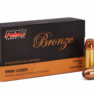 PMC Bronze 9mm Luger 115 grain JHP ammunition box with two hollow point cartridges beside it