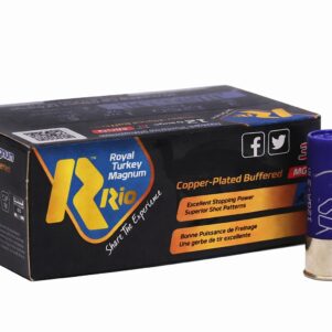 Rio Royal Turkey Magnum 12 Gauge 3-inch #5 copper-plated buffered shotshells with blue hulls beside ammo box