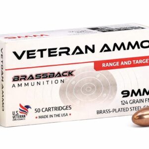 Veteran Ammo Brassback 9mm 124 grain FMJ cartridges with box, brass-plated steel case range ammunition