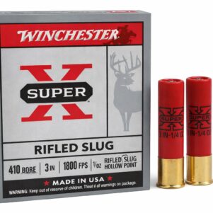 Winchester Super-X .410 bore 3-inch rifled slug hollow point shotshells with box and two red shotgun shells