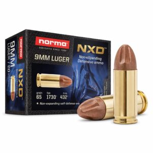 Norma NXD 9mm Luger 65 grain non-expanding defensive ammo 1730 fps lead-free 20 round box with cartridges