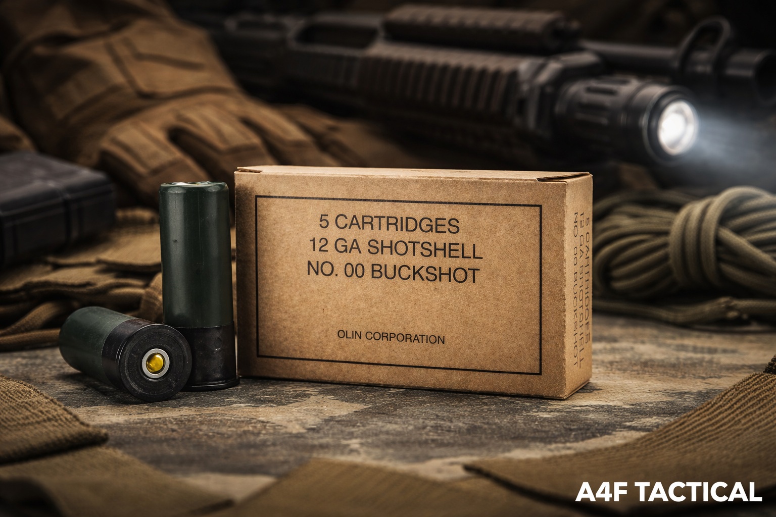 Winchester Military Grade 12 Gauge 00 Buckshot 2¾" 9-Pellet 1325 FPS – 5 Rounds 2 Winchester Military Grade 12 Gauge 00 Buckshot 2¾ inch 9 Pellet 1325 FPS – 5 Rounds Gallery A4F TACTICAL Military grade 12 gauge 00 buckshot 5 round box with green shotshells on tactical gear background A4F TACTICAL